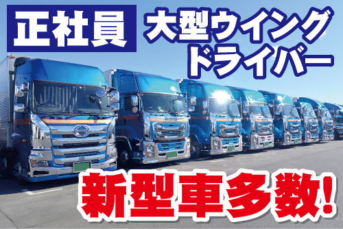 たくさん並んだ大型トラックの写真。正社員、大型ウイングドライバー、新型車多数！